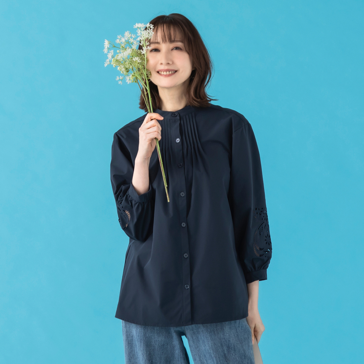 Provador イージーケア 刺繍スリーブシャツチュニック 麻布プロバ