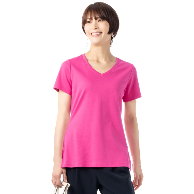 Isaac Mizrahi Liveシルキーコットン裾スリットVネックTシャツ