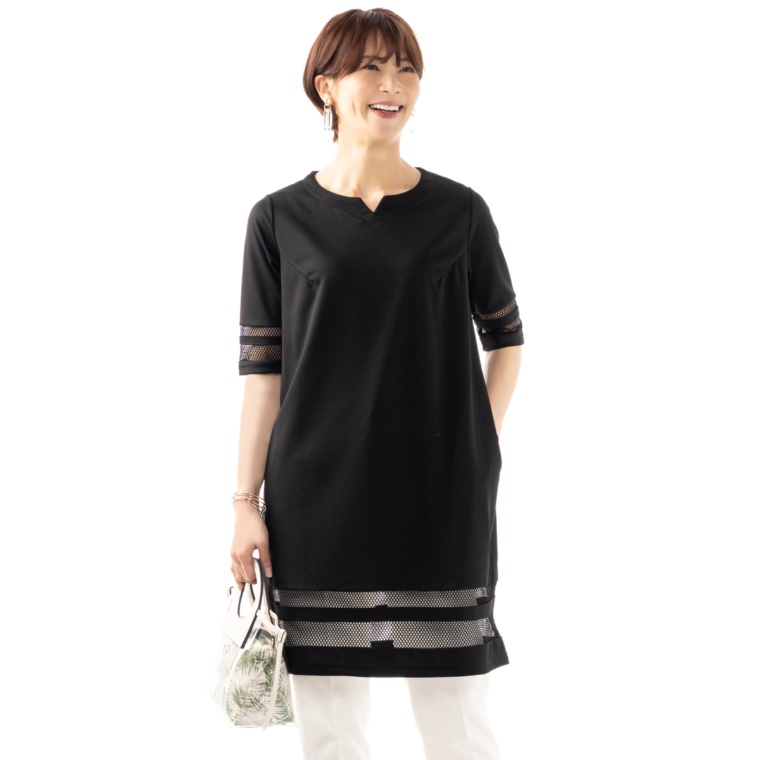 day to day メッシュ切替キーネックチュニック