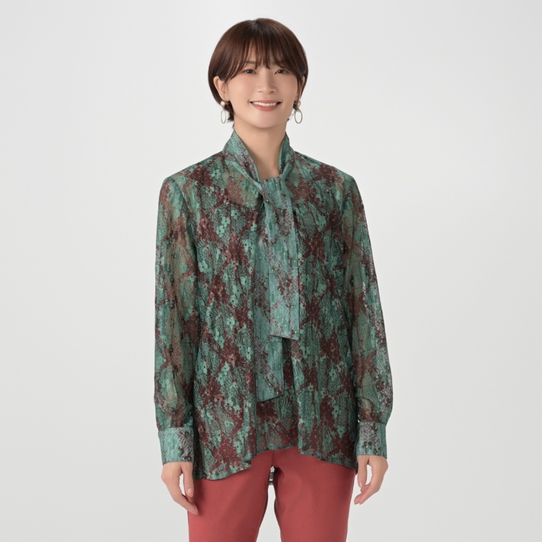 calma レースプリントonレース スカーフタイブラウス