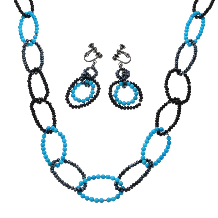 ターコイズカラー ネックレス&イヤリング/ピアス セット[バセット]