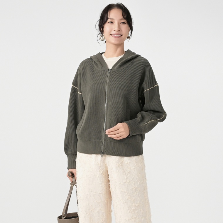 alsome リサイクル糸のライン入りニットパーカーブルゾン