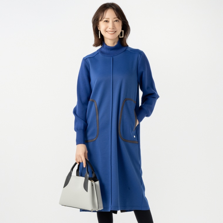 PCD タートルニットのポケットカラートリミングモダンワンピース