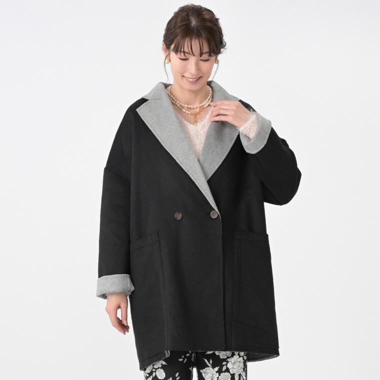 Anne Coquine ウールミックスリバーシブルテーラードコート