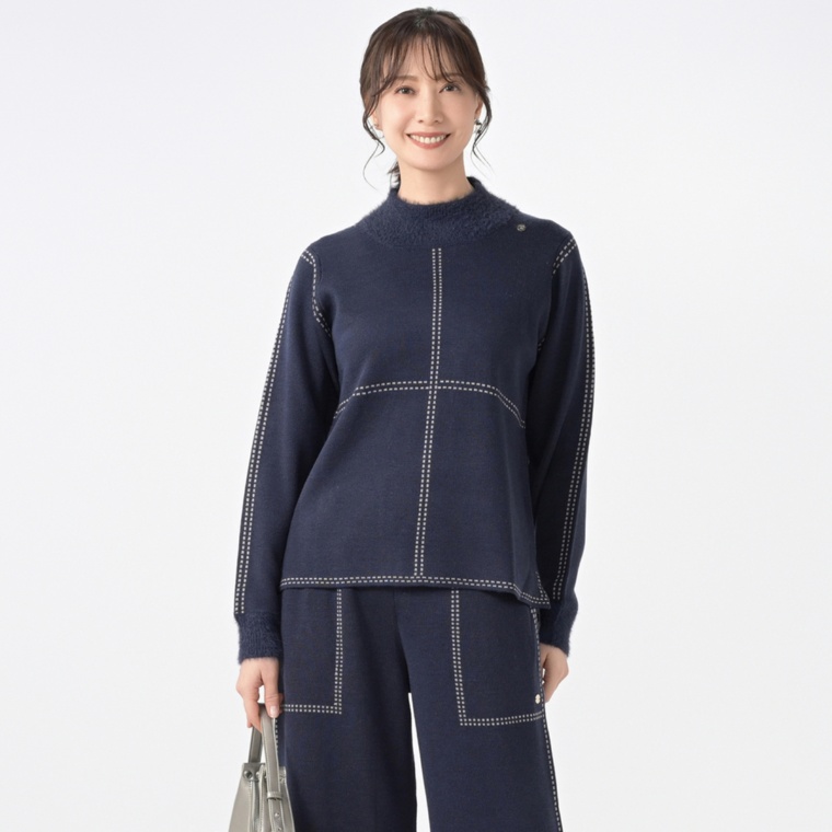 PCD ジャカードWステッチのシャギーミックスニットプルオーバー