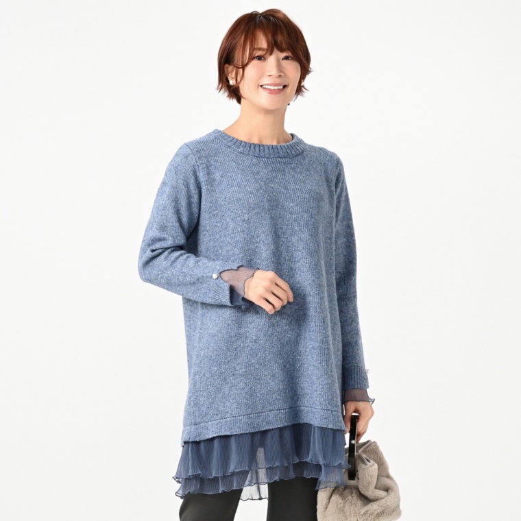 &LOVE プリーツチュールふりるの暖かヘアリーニットチュニック