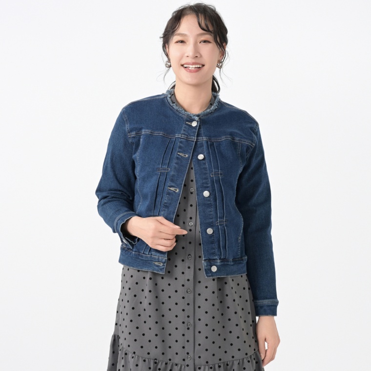 Coeur sucre 衿フリンジのストレッチデニムジャケット