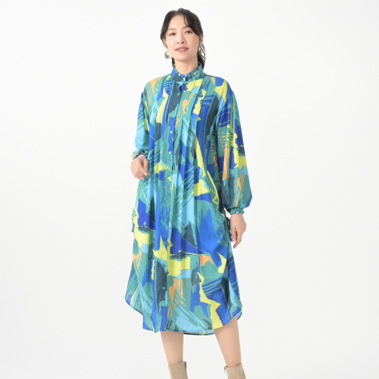 SUPERLADY タックアンドフリルボタニカルプリントワンピース