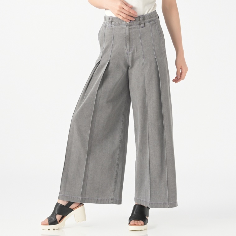 calma 選べる股下 プリーツデニムワイドパンツ