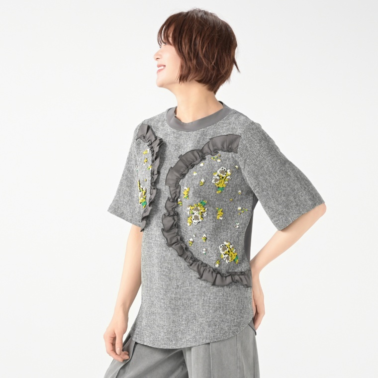 calma タフト刺繍 マテリアルMIXブラウス