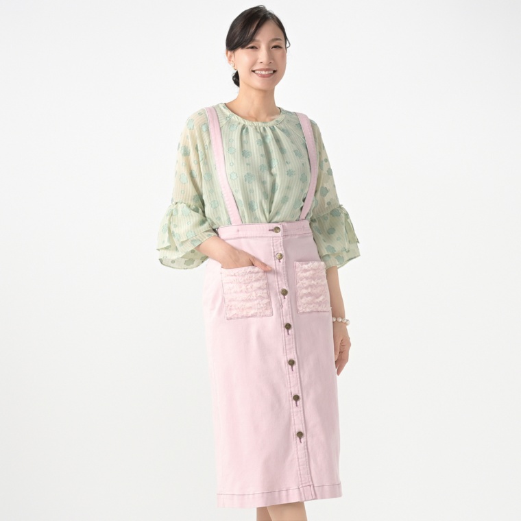 &LOVE チュールふりるポケットのデニムサロスカ