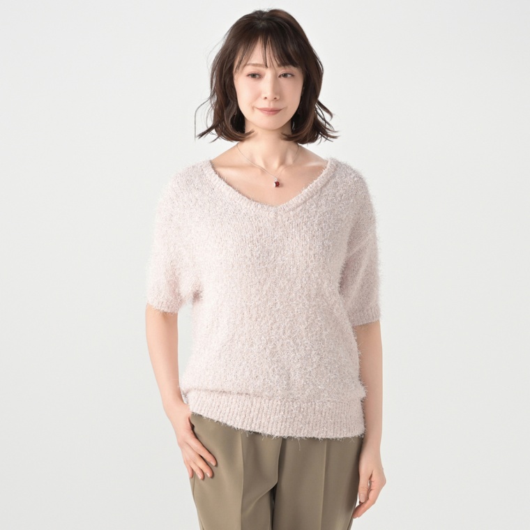 Anne Coquine キラキラフィルムヤーンニット半袖プルオーバー