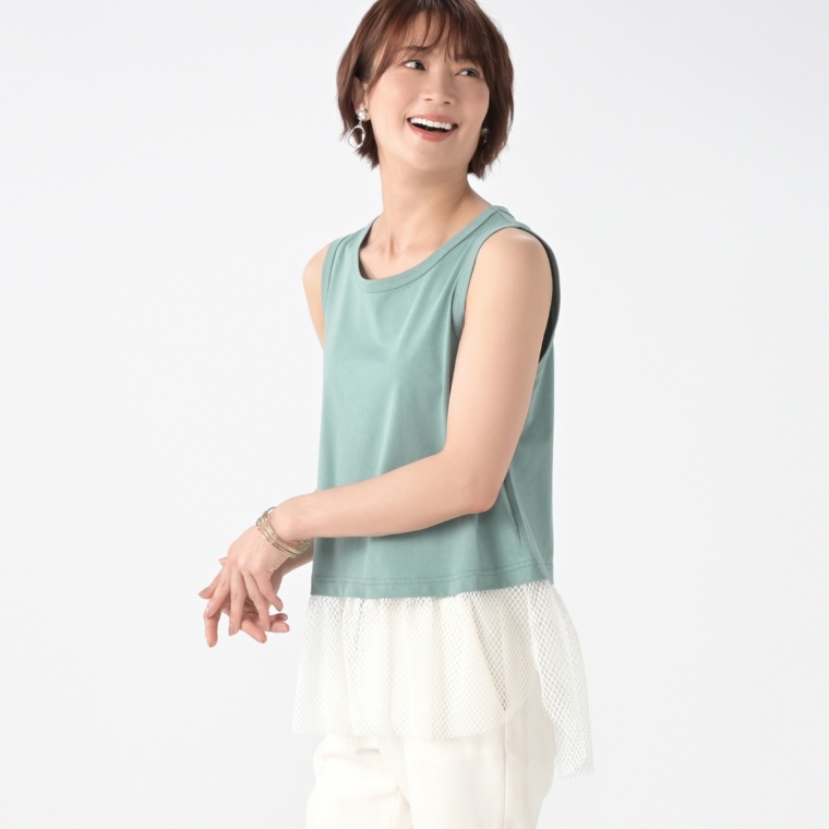 リアール綿混天竺&メッシュペプラム切替ギャザータンクトップ