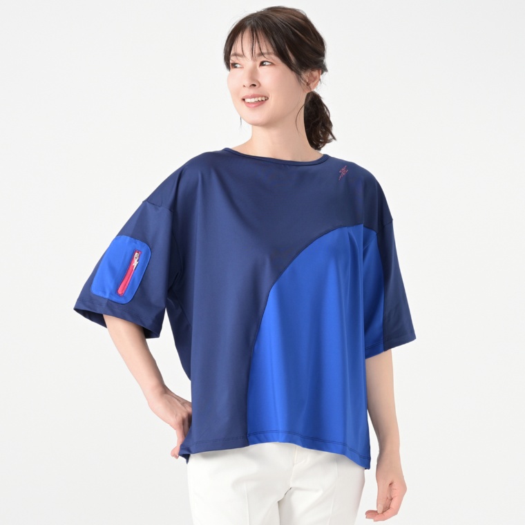 SUPERLADY 袖ポケットアクセントラウンド切替プルオーバー