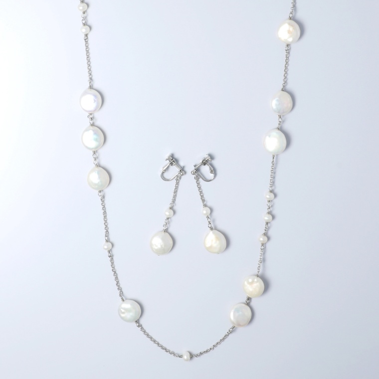 淡水コインパール ステーションロングネックレス&イヤリング/ピアス