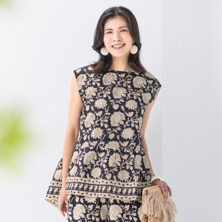 myM インド綿ブロックプリントノースリーブチュニック