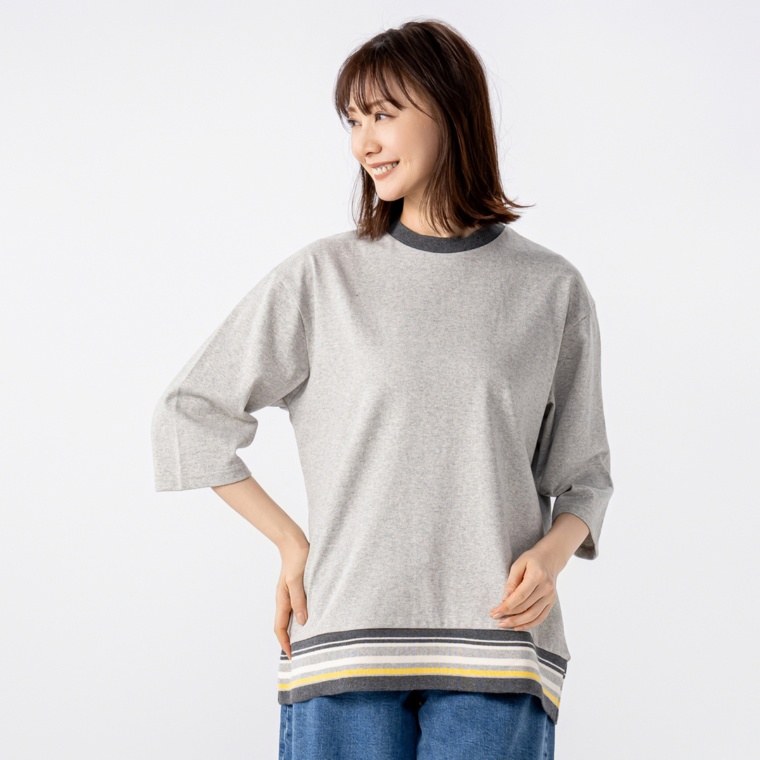 Carney タフコットン 裾ボーダー7分袖プルオーバー