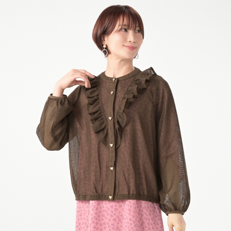 &LOVE ハートボタンのメッシュふりるフェミニンカーデ