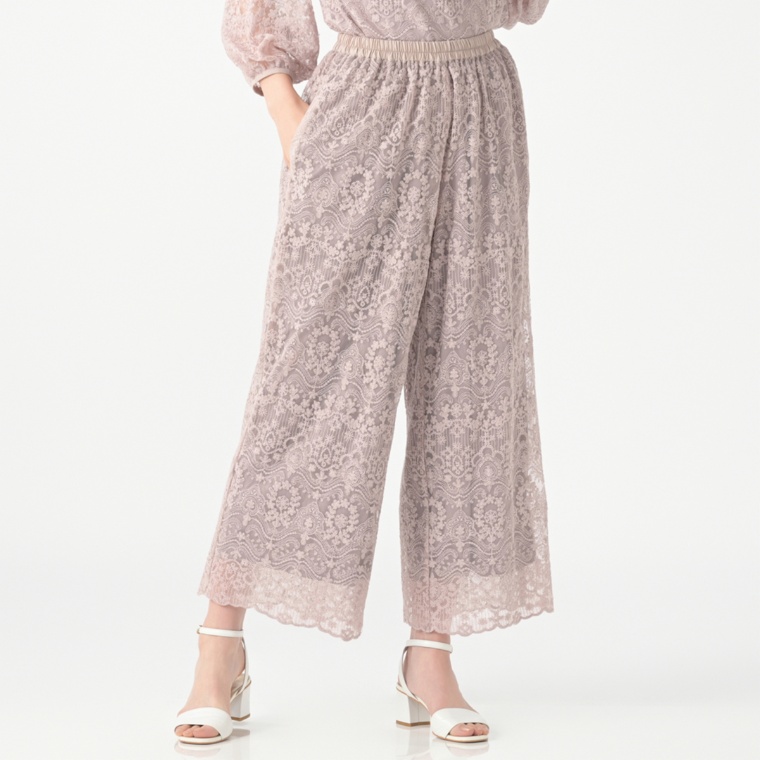 &LOVE チュールフラワーレースのフェミニンセミワイドパンツ