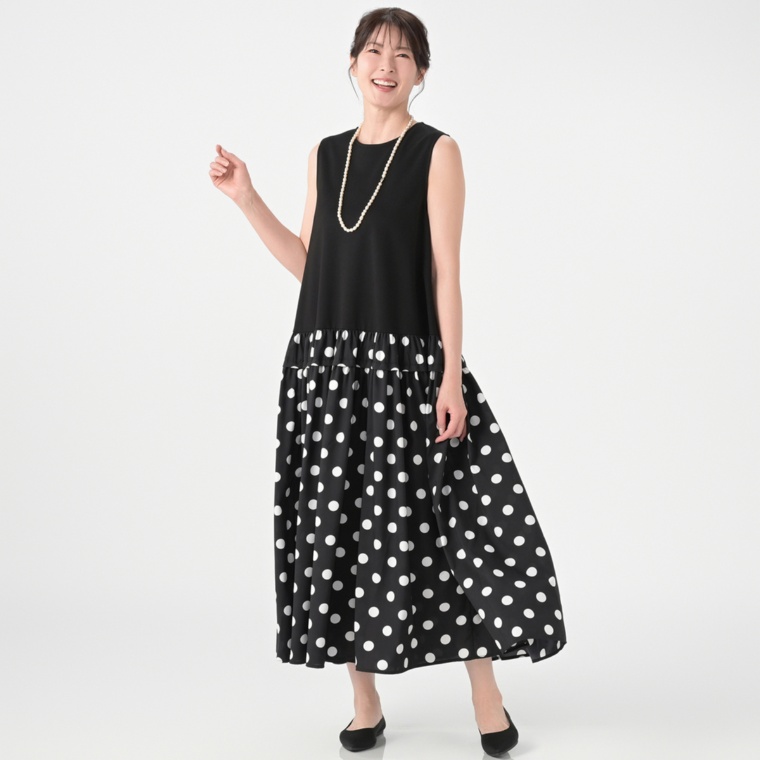 Anne Coquine カットソー切替え軽量ティアードワンピース