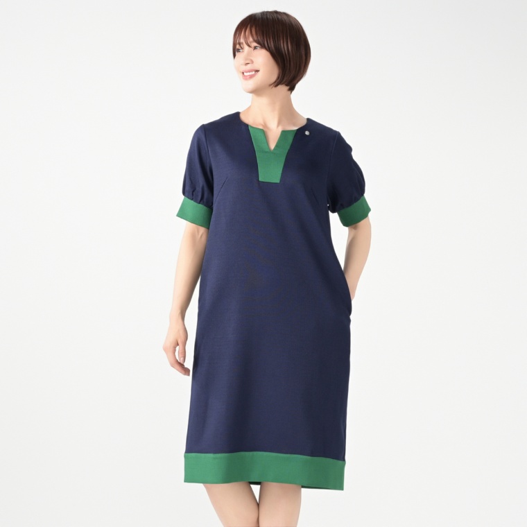 PCD 麻調素材のカラーブロッキングワンピース