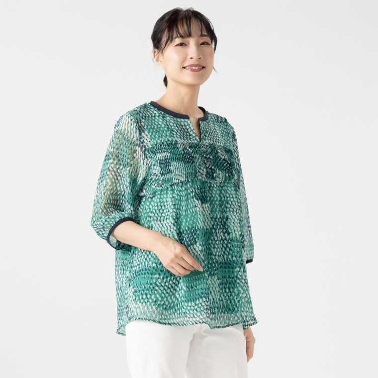 PCD ウェーブジオメトリック柄のピンタックプルオーバー