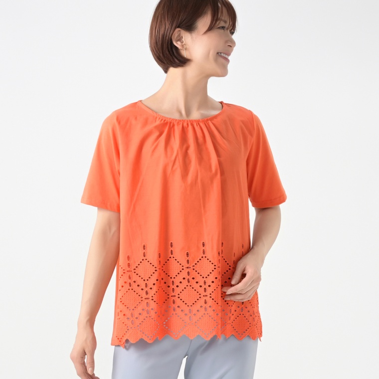 Provador 綿混 パネル刺繍レース 半袖プルオーバー