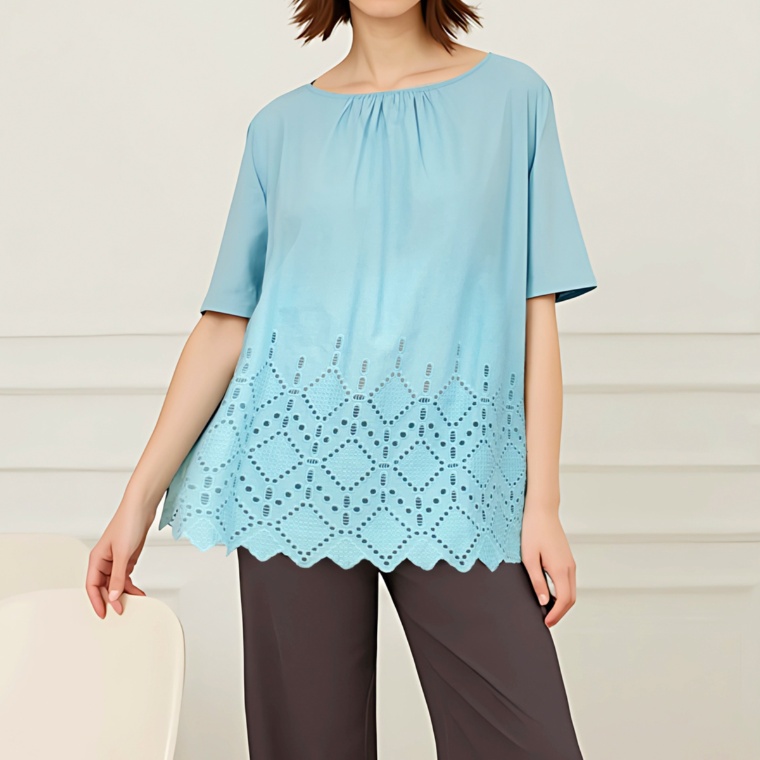 Provador 綿混 パネル刺繍レース 半袖プルオーバー