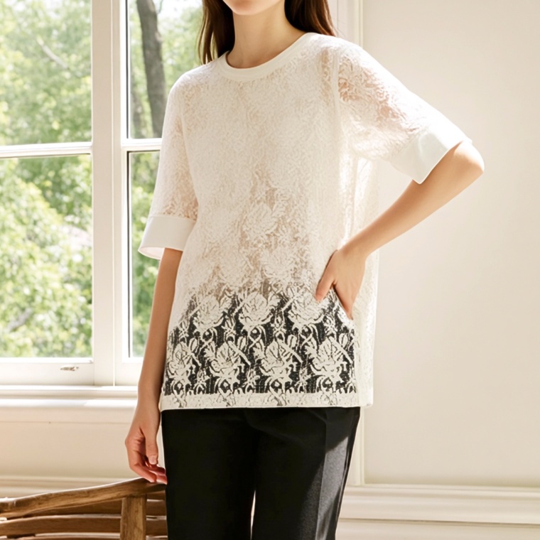 Provador コットン混 クロシェ風シアーレースチュニック