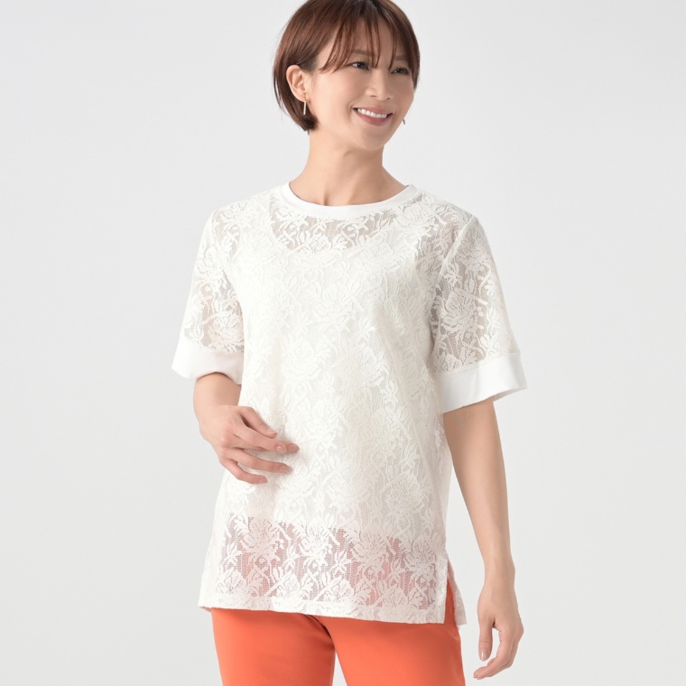 Provador コットン混 クロシェ風シアーレースチュニック