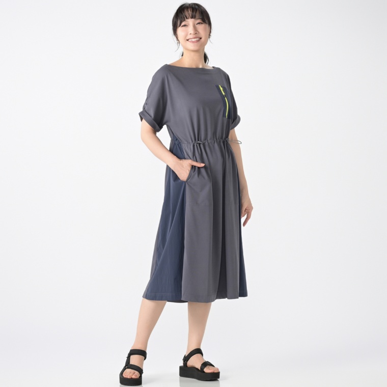 WOODS ファスナーポケット異素材切替Aラインワンピース