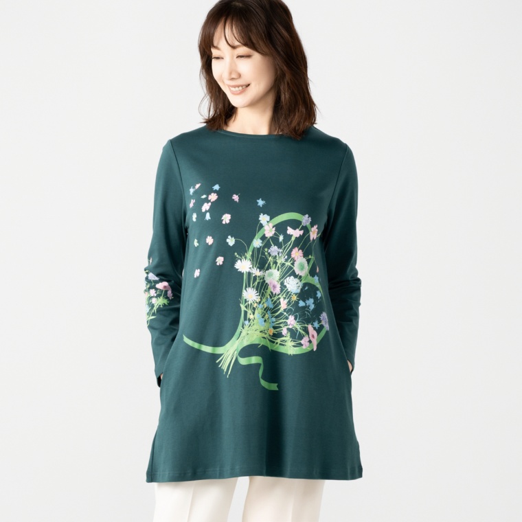 FairyStyle フラワー 長袖ソフトフレアーチュニック