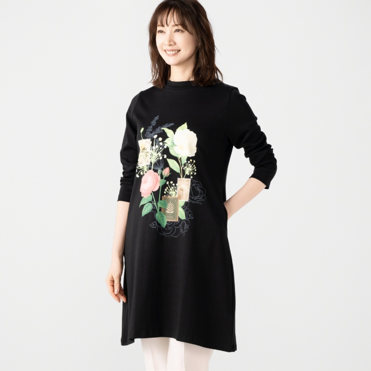 FairyStyle フラワー 長袖ソフトスタンドネックワンピース