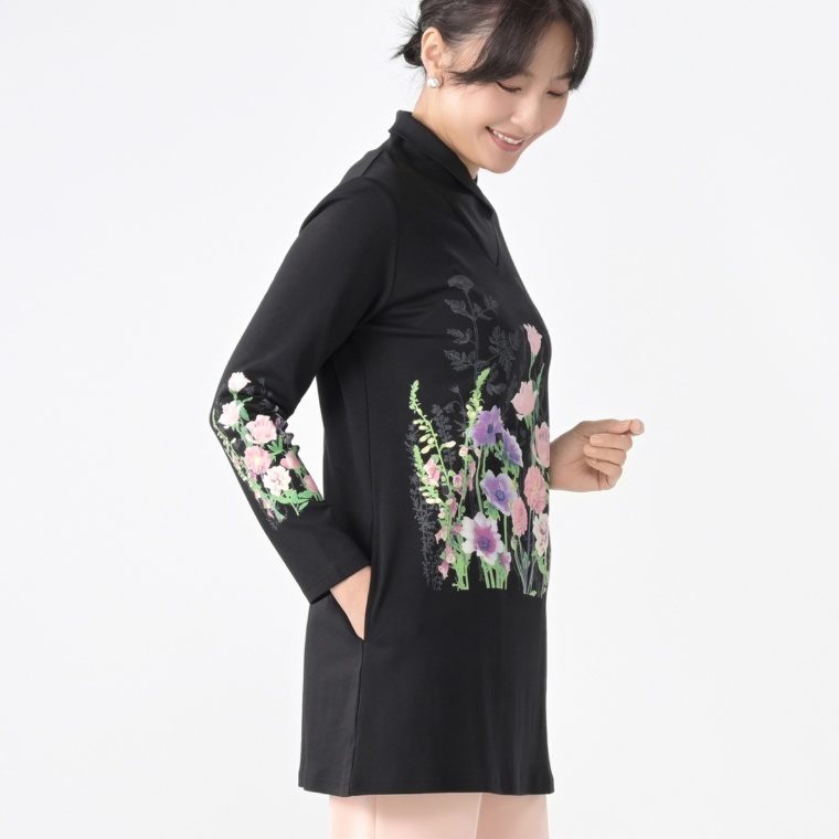 FairyStyle フラワー 長袖オープンダブルネックチュニック