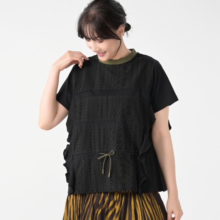 Remite スクエアレース異素材プルオーバー