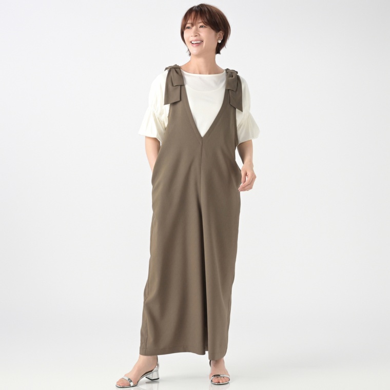 &LOVE 楽ちん涼やかショルダーリボンサロペット