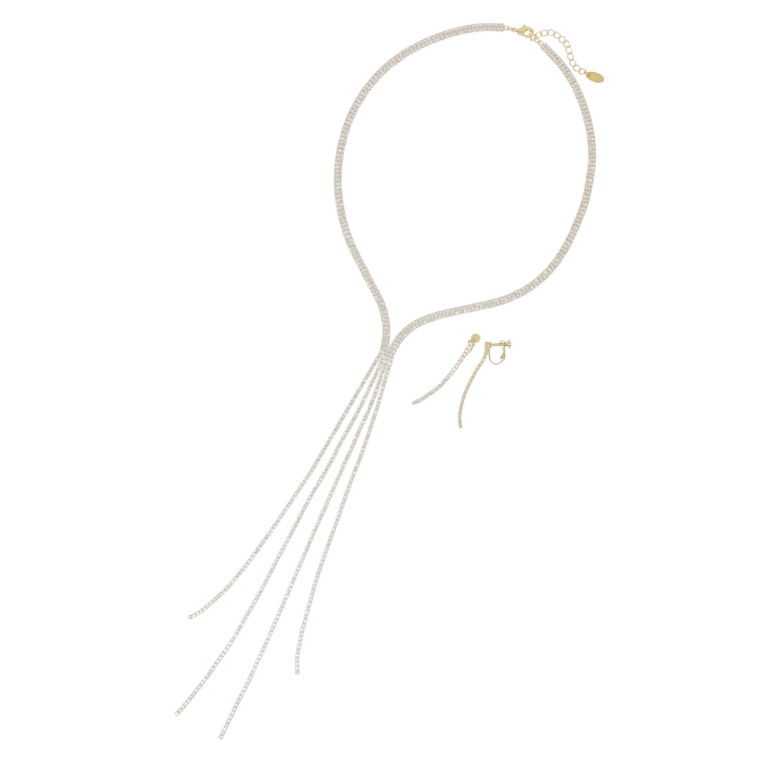 CZ エレガントY字ネックレス&イヤリング/ピアスセット[クリステル]