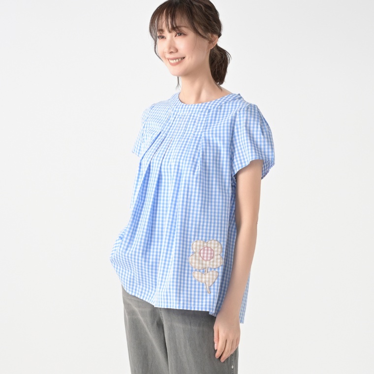 PERSONS ギンガムチェックフレンチスリーブブラウス