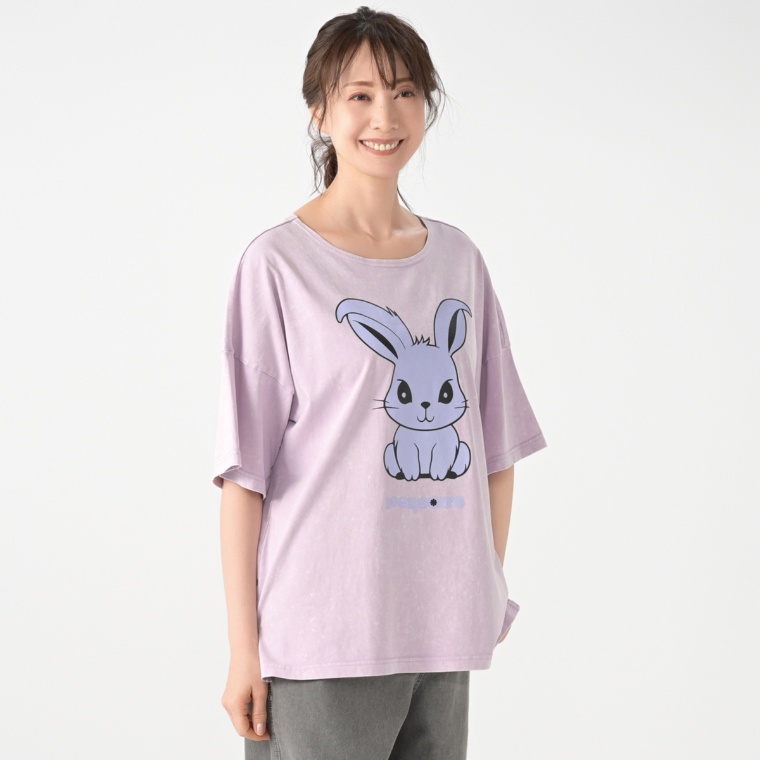 PERSONS ウォッシュ加工ラビットプリントTシャツ