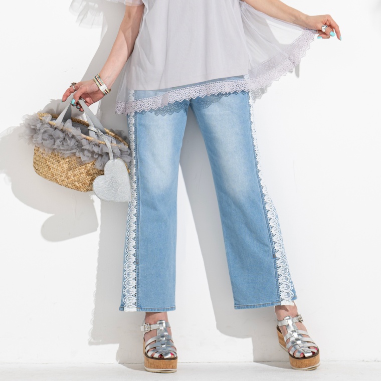 &LOVE びっくり美脚なスカラレースデニムワイドパンツ