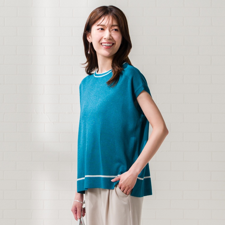 CARRIERE 裾ラメ配色ニットフレンチスリーブプルオーバー