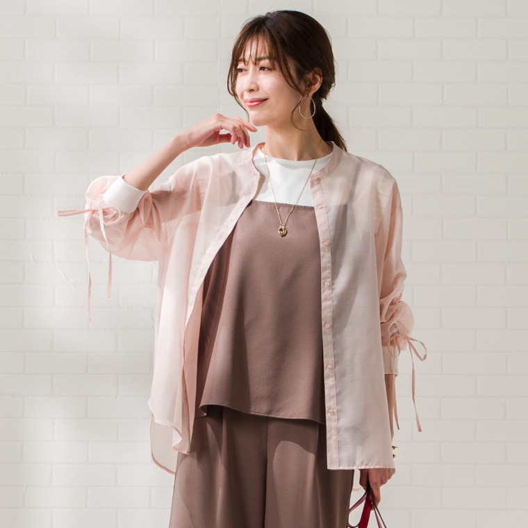 CARRIERE 袖シャーリングシースルーシャツカーディガン