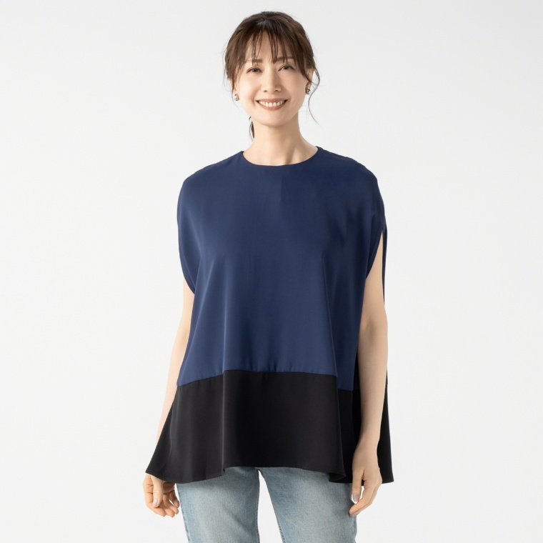 ANGELOS 裾切替バイカラーポンチョブラウス