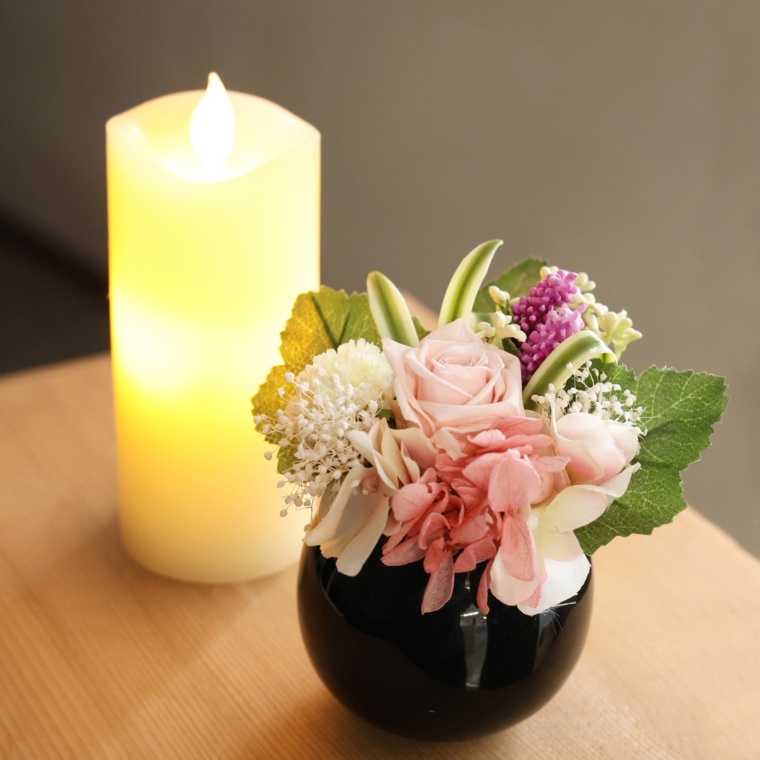 プリ仏花ピンクとLEDローソク1本