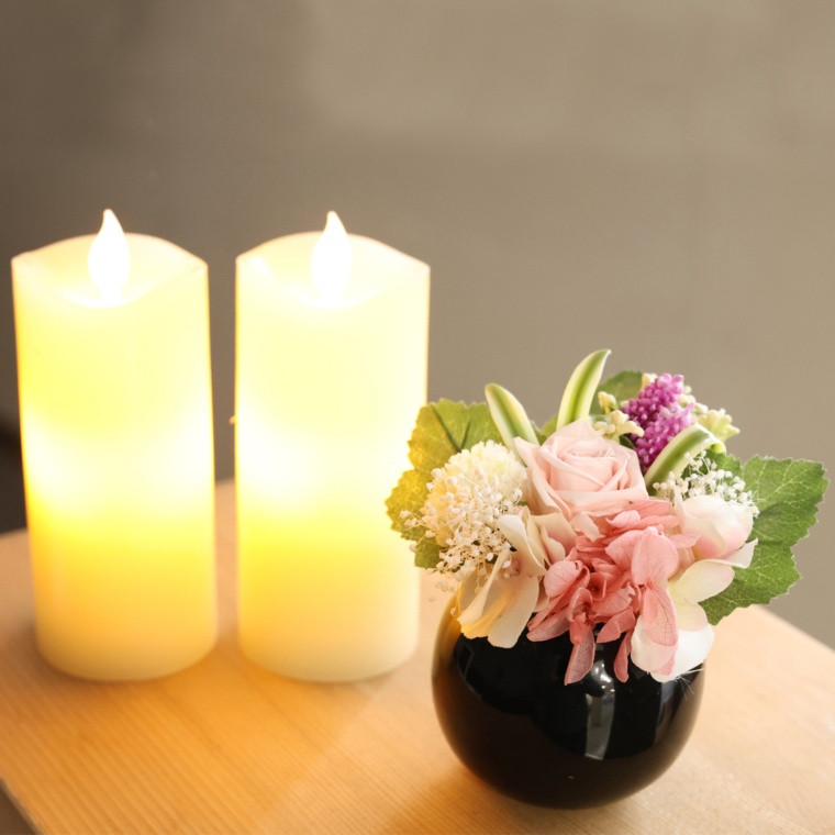 プリ仏花ピンクとLEDローソク1対