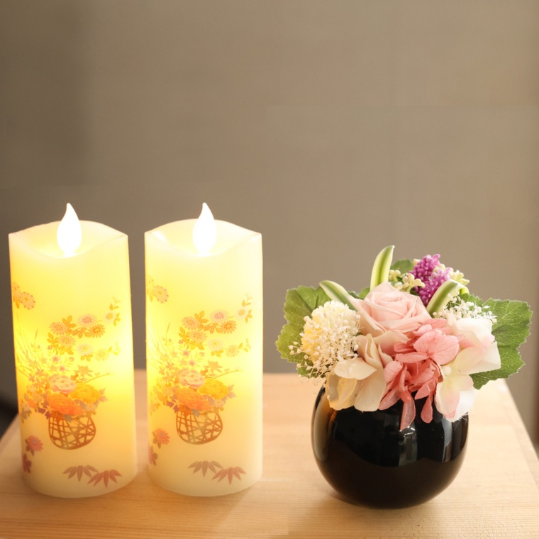 プリ仏花ピンクとLEDローソク花籠1対