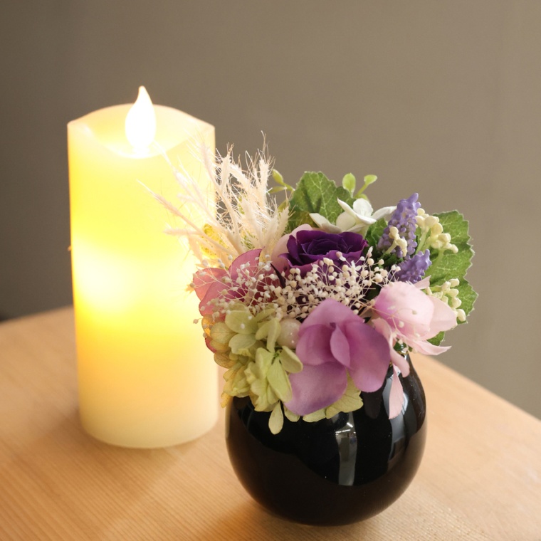 プリ仏花パープルとLEDローソク1本