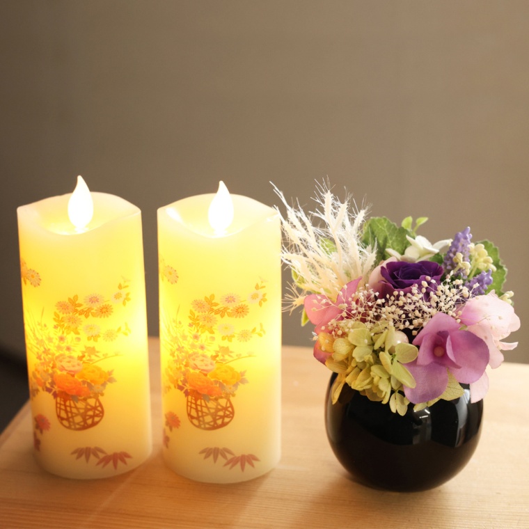 プリ仏花パープルとLEDローソク花籠1対