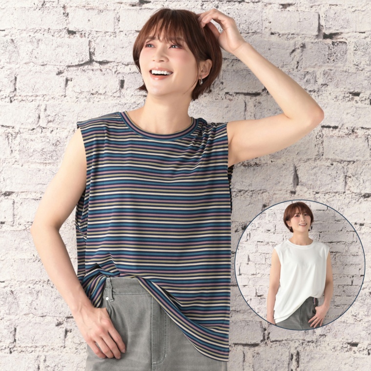 PERSONS テレコノースリーブTシャツホワイト&ボーダー2枚セット