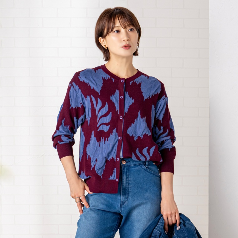 calma オリジナルパターン 膨れジャガードニットカーデ